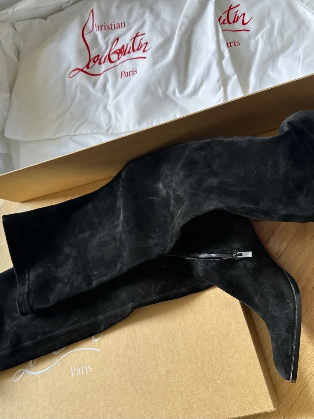 Christian Louboutin Black Suede Over-the-Knee Boots with Signature Red Sole